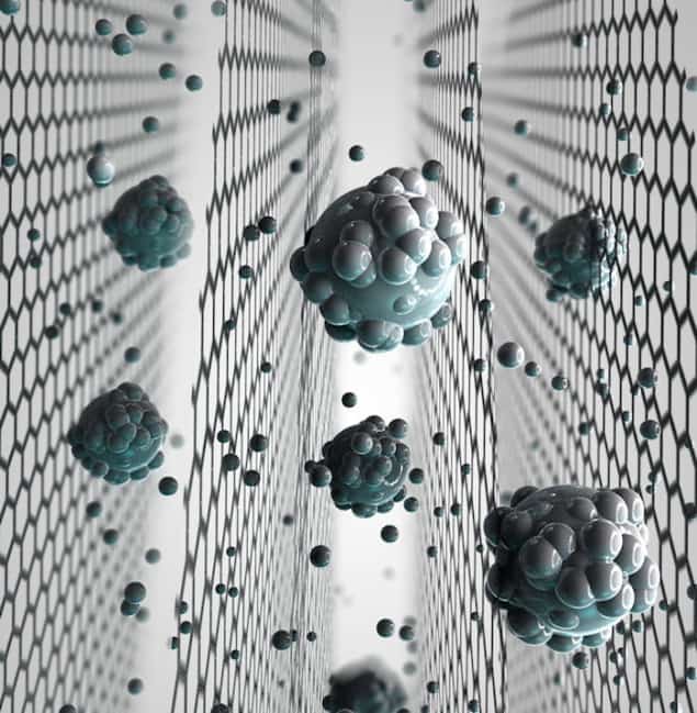 Artist's impression of graphene oxide membrane removing salt from seawater